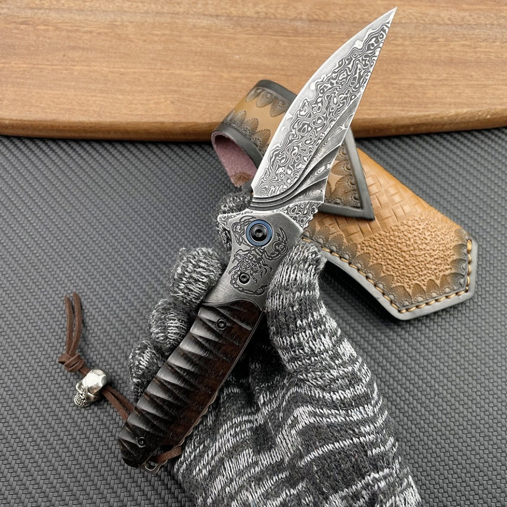 VG10 Damascus Steel OTF Folding Knife with Black Sandalwood Handle